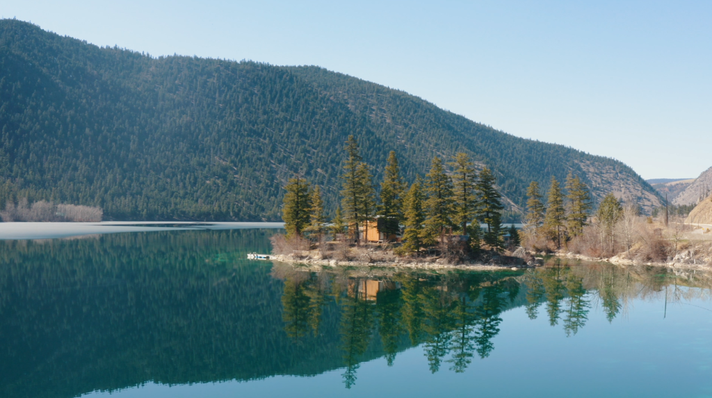Serene waterfront cabin surrounded by nature's beauty.
